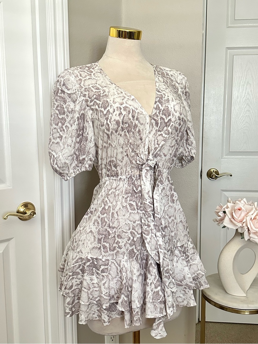 Olivaceous White Lilac Snake-Print Mini Dress w/ Front Tie & Ruffle Hem Sz S